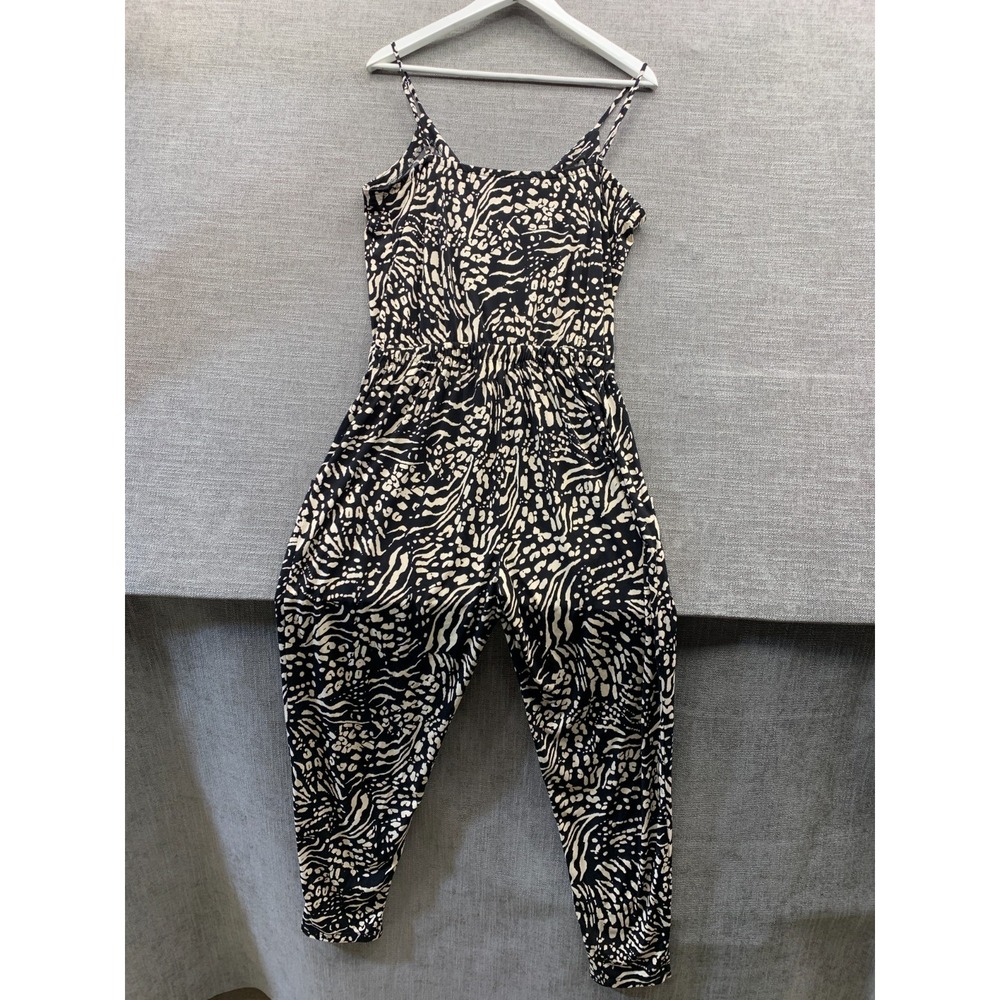 Peyton Jensen Jumpsuit Womens Medium Black Beige Animal Print Spaghetti Straps - Picture 14 of 14